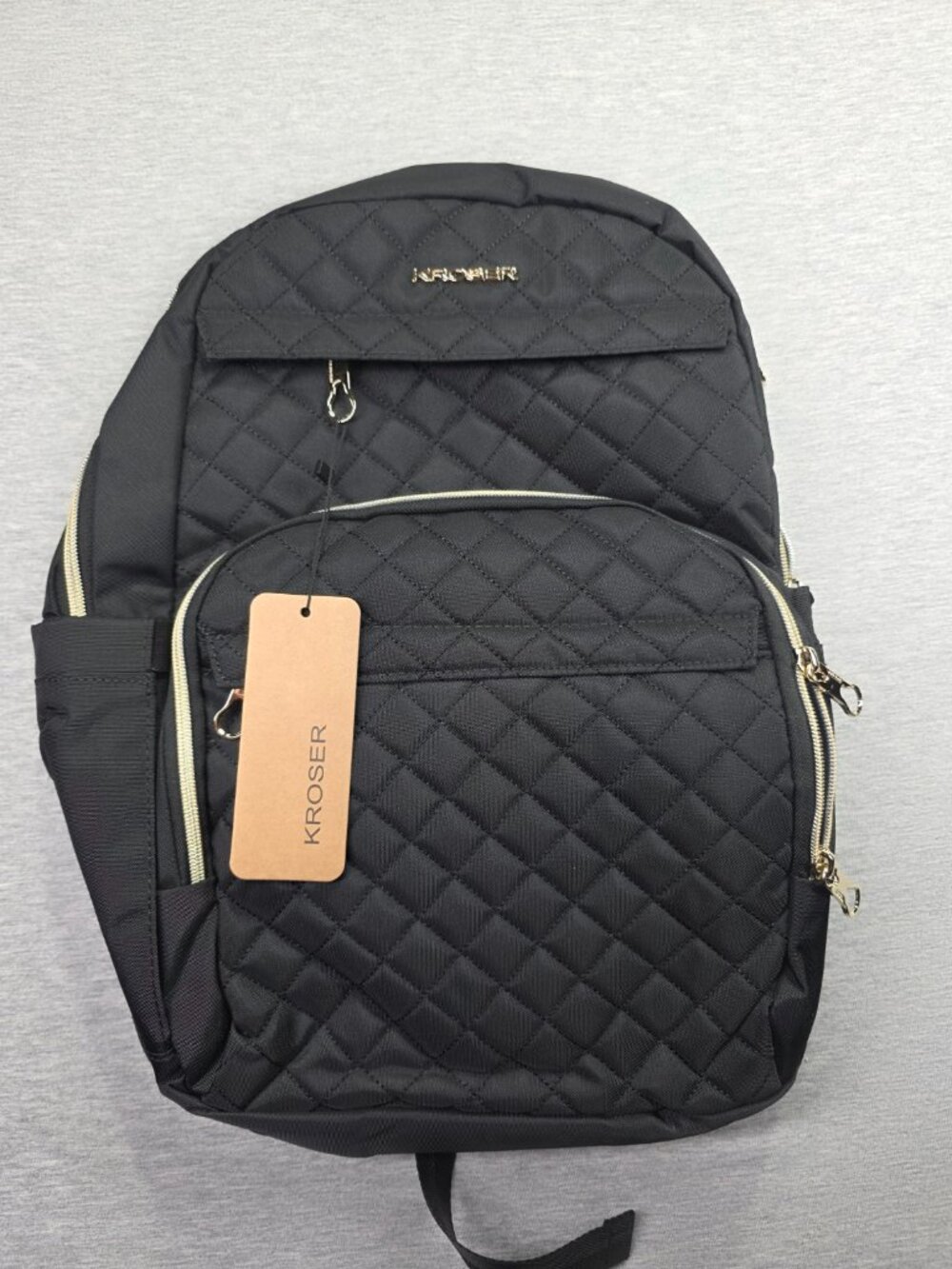 Kroser Women's Quilted Laptop Backpack Black Gold Hardware Travel Work Bag NWT